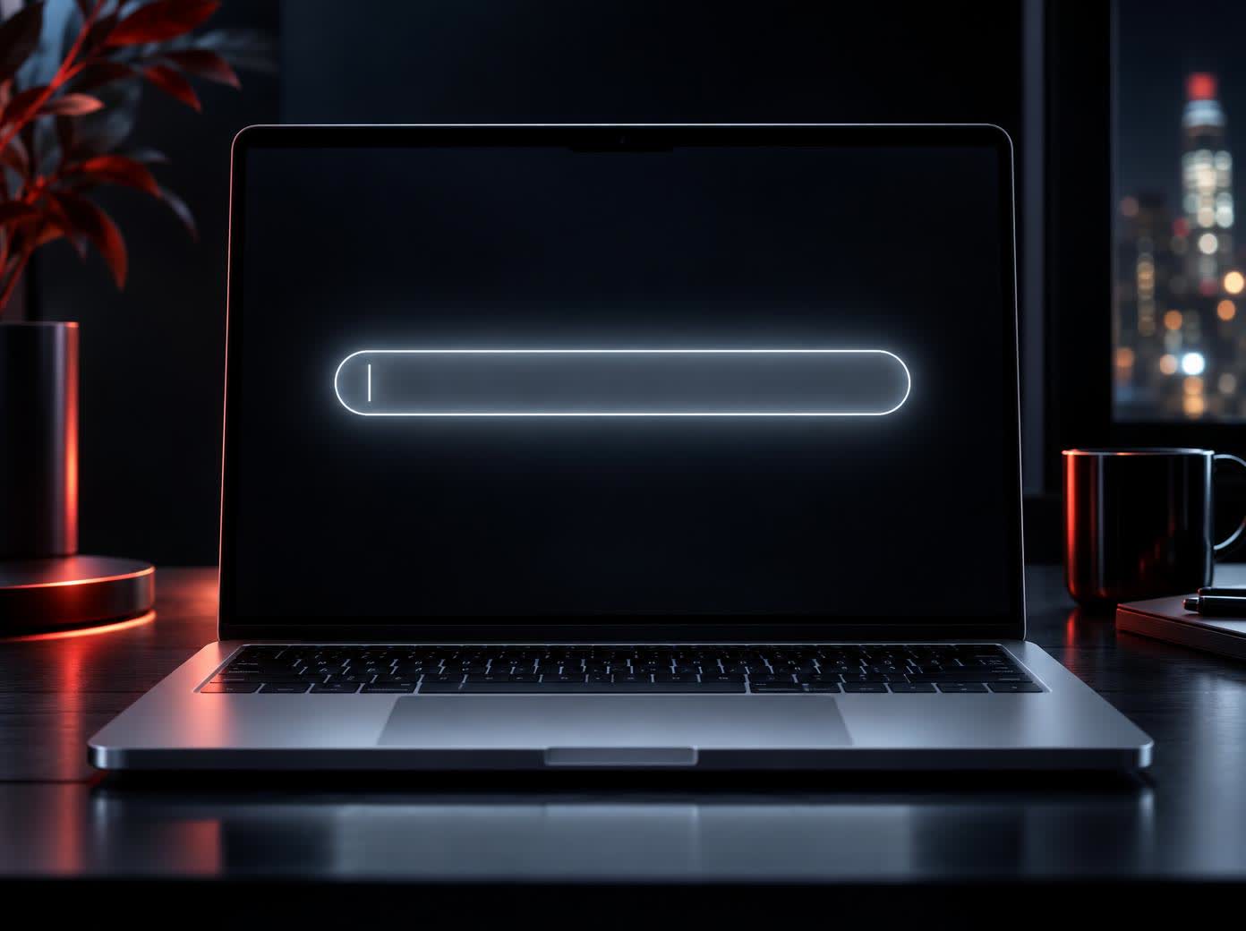 One clean empty search field glowing bright and alone in the centre of a dark screen, a cursor waiting in it.