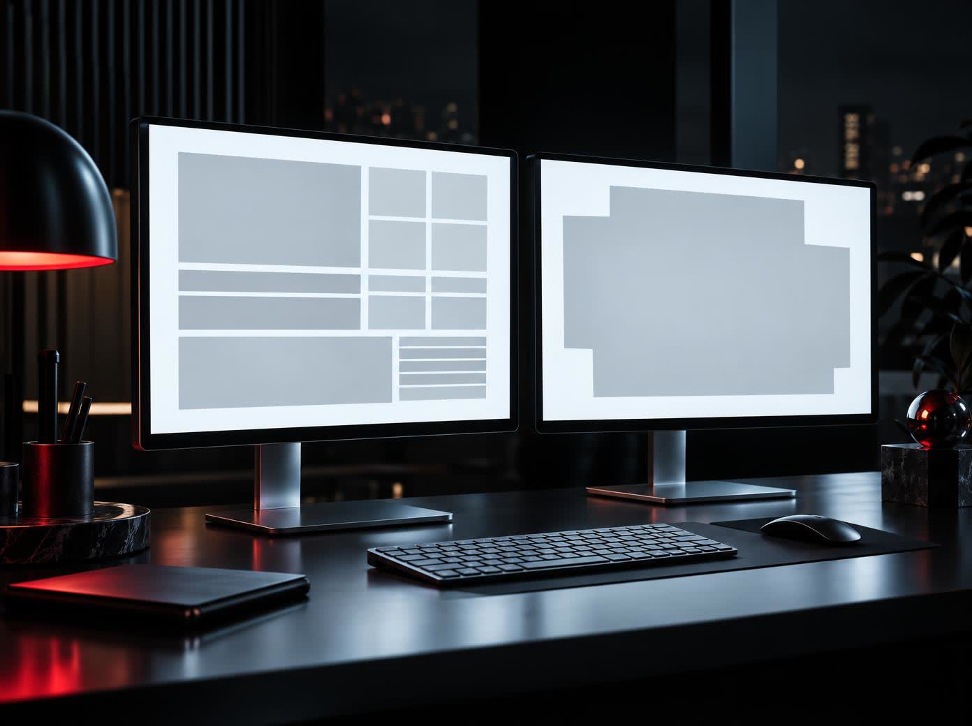 Two bright screens side by side in a dark room, one showing a clean ordered structure of grey blocks, the other showing the same page as a flat empty shape.