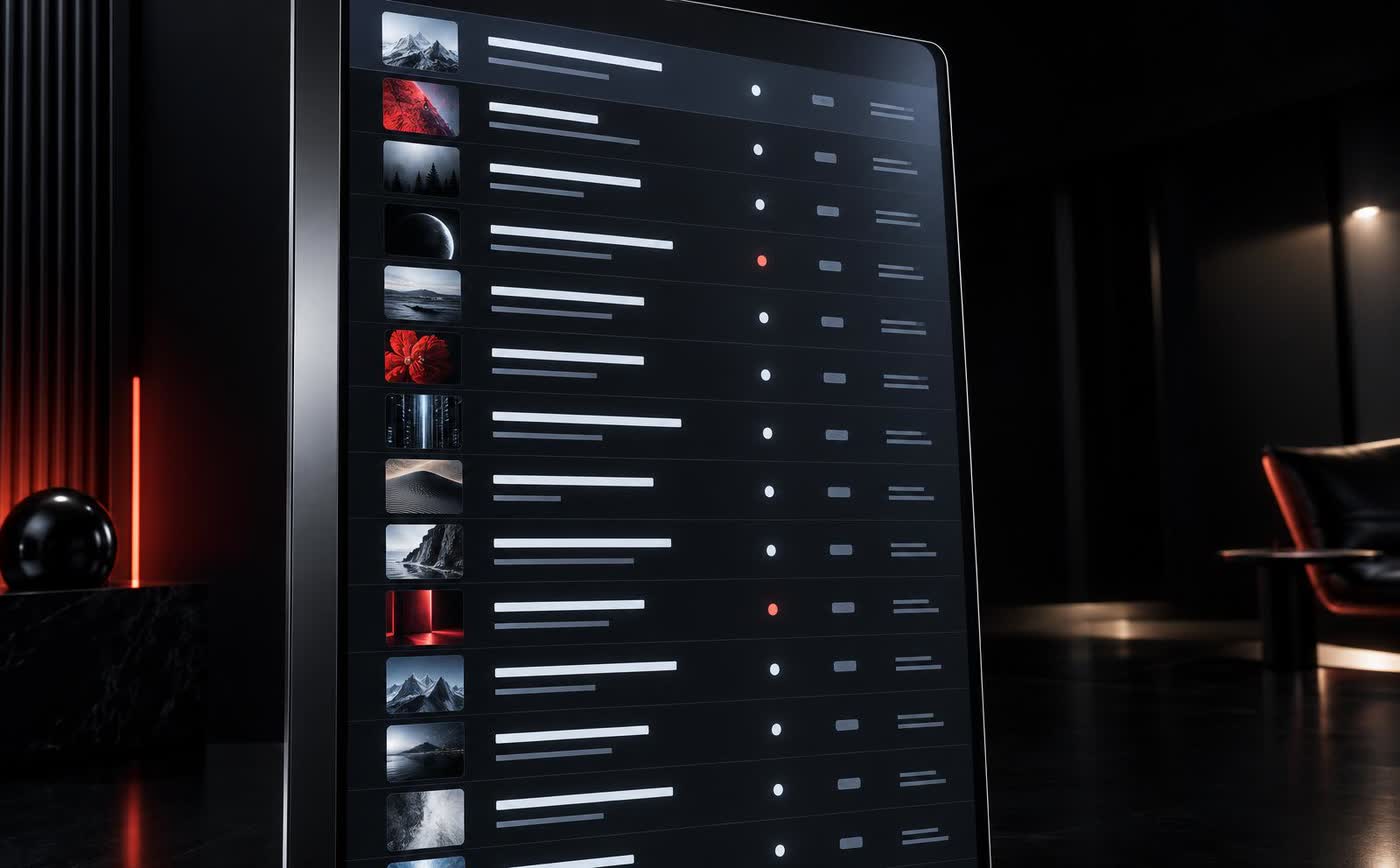 A tall screen in the dark showing a long clean index of neatly ordered rows, bright and crisp, scrolling away beyond the bottom of the frame.