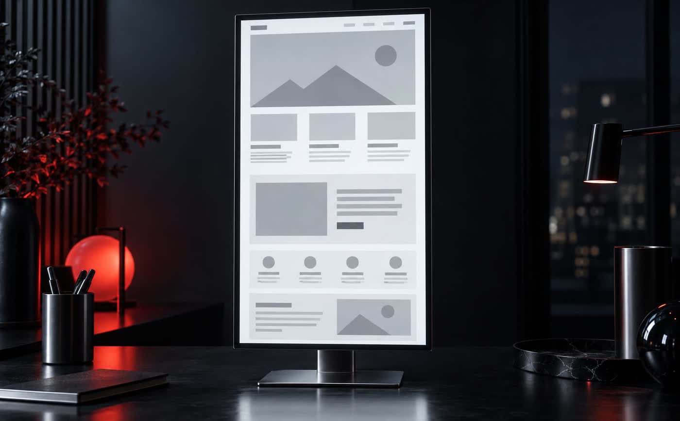 A bright wide monitor in the dark showing clean ruled rows of structured records, sharply legible, deep black all around it.