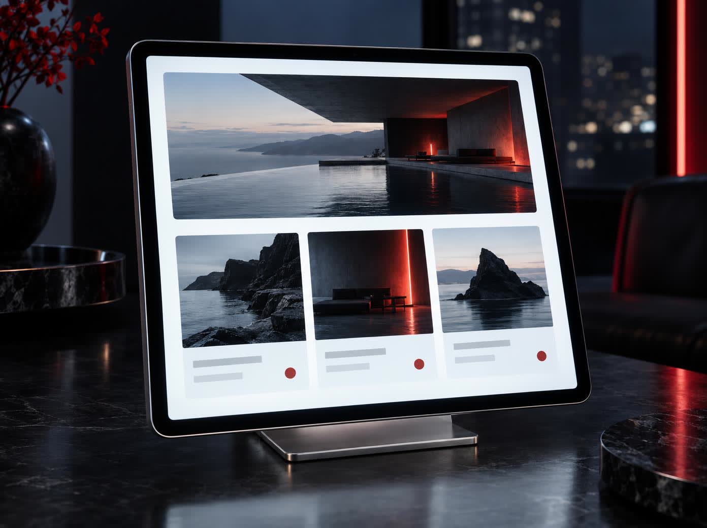 A tablet standing upright on a small stand in a dark room, its screen bright and completely blank, giving nothing back.