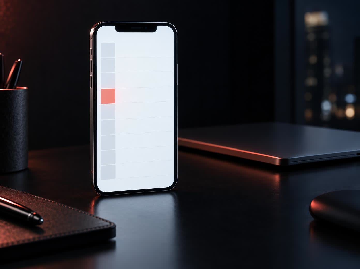 A phone filling the frame on a dark desk, its screen bright and fully lit in clean pale tones with a single soft indicator pulsing at the centre, the whole display.